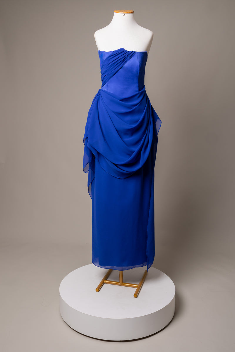 Vestido em Musseline e Crepe Acetinado Azul Royal