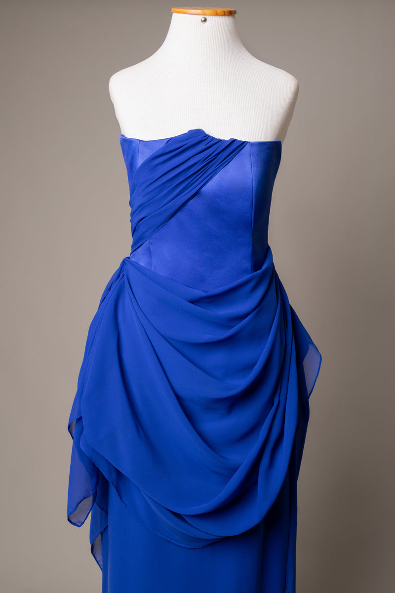 Vestido em Musseline e Crepe Acetinado Azul Royal