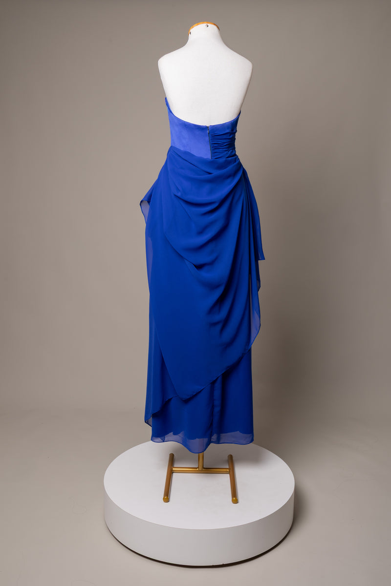 Vestido em Musseline e Crepe Acetinado Azul Royal